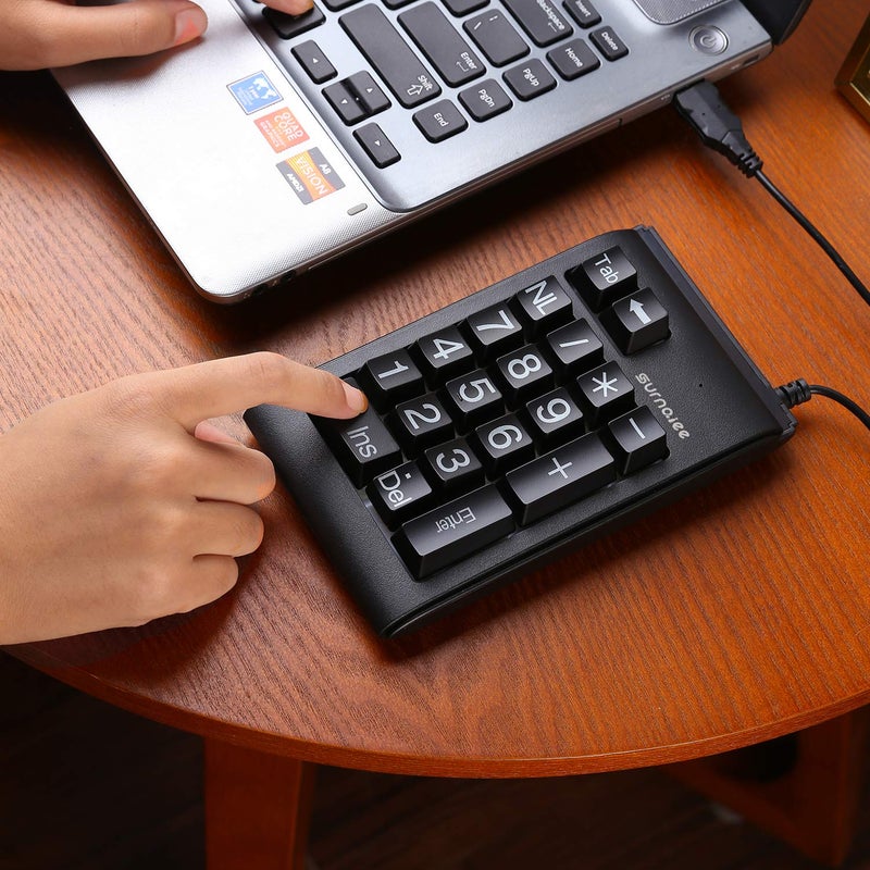SurnQiee USB Number Pad, Large Print Wired Numeric Keypad with 3 Colors LED Backlit, Portable Mini 10 Key Num Pad for Laptop Desktop Computer PC, Full Size 19 Key - Black - Image 2